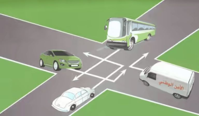 انتباه كروزامة مول ليمن يدوز : األسبقية لسيارة الشرطة السيارة البيضاء خاوي ليمن ديالها اتجي تعمر وسط الطريق وتوقف كيخوى ليمن ديال السيارة الخضراء اتزيد كيتبعها الكار عاد السيارة البيضاء