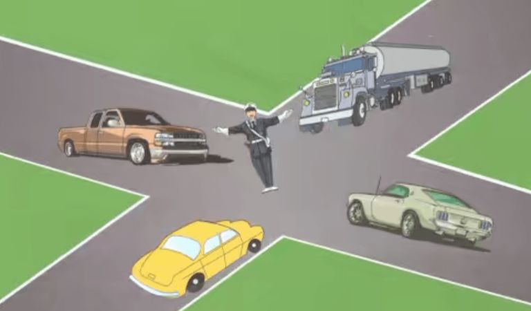 ملتقى الطرق مول ليمن يدوز واالسبقية الشارة الشرطي : تدوز السيارة الصفراء والكاميو اللي عطاهم الشرطي اشارة المرور والسيارة الخضراء والحمراء يتسناو اشارة الشرطي