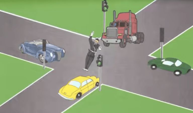 ملتقى الطرق بالضوء واالسبقية الشارة الشرطي الكاميو والسيارة الصفراء يوقفو والسيارة الزرقاء والخضراء يدوزو